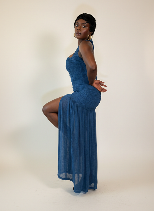 Blue Halter Mesh Ruched Dress
