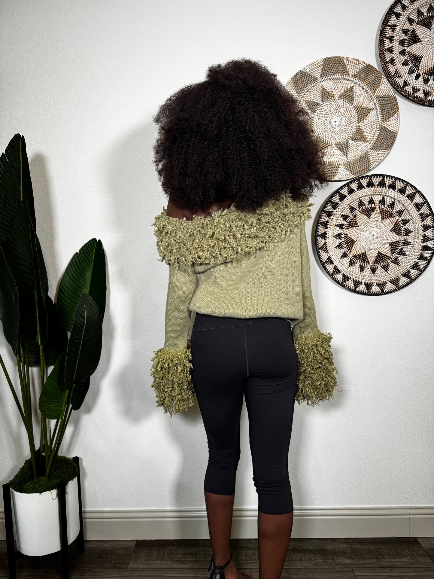 Green Knit Sweater Top With Wool Detail