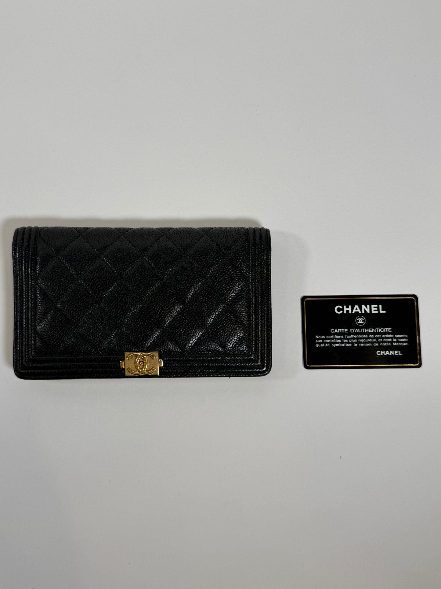 CHANEL Black Quilted Boy Wallet On Chain