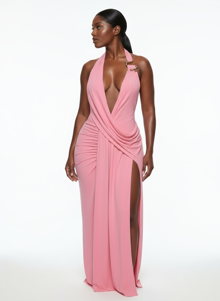 Drape V-Neck Line Brouch Dress