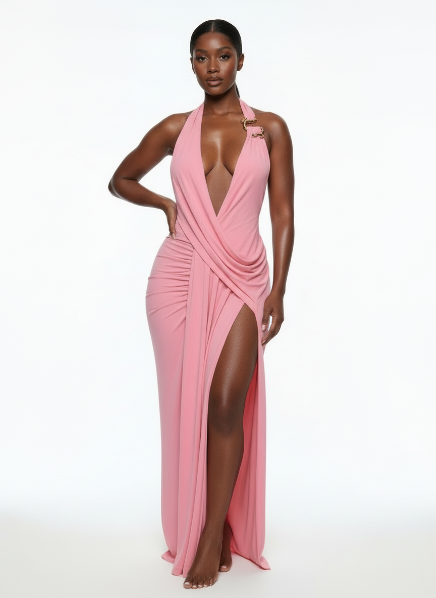Drape V-Neck Line Brouch Dress