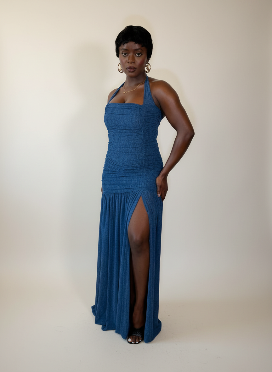 Blue Halter Mesh Ruched Dress