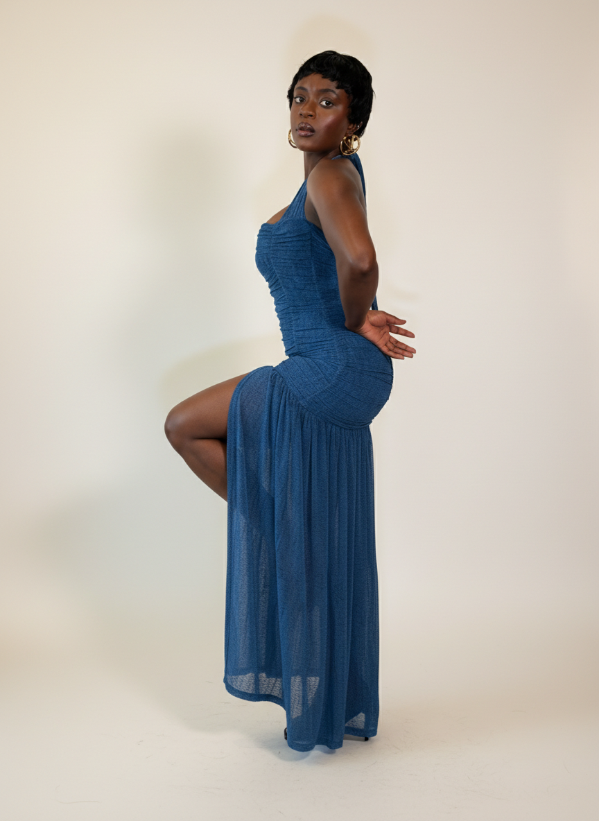 Blue Halter Mesh Ruched Dress