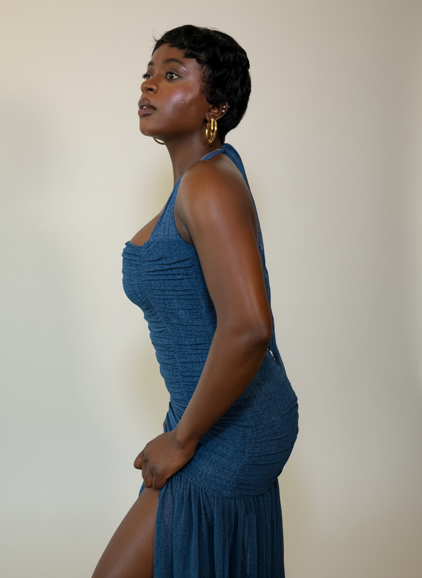 Blue Halter Mesh Ruched Dress