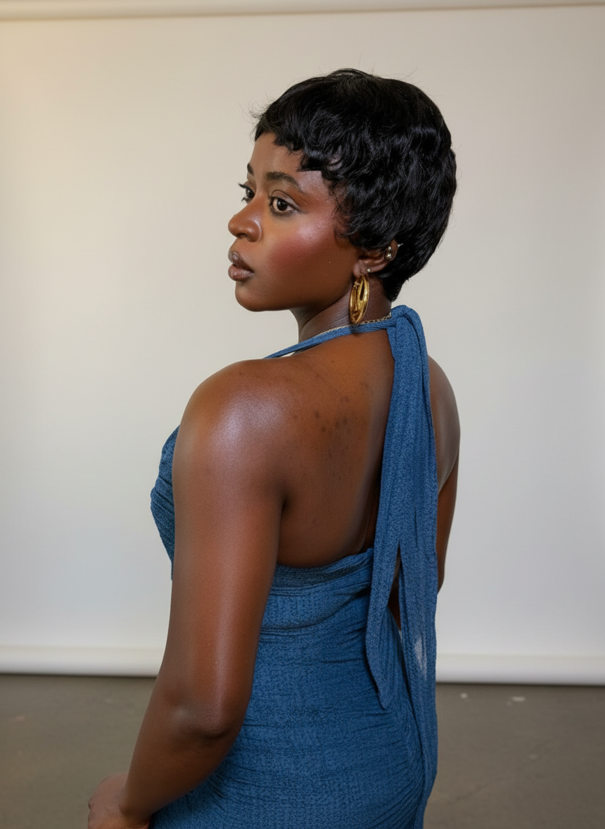 Blue Halter Mesh Ruched Dress